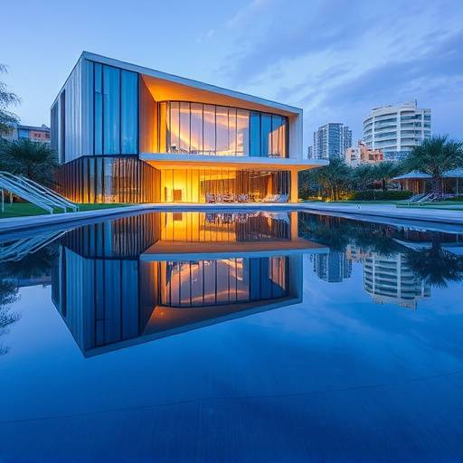 Architettura moderna di un edificio con riflessi sull'acqua