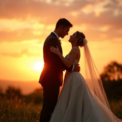 Fotografia di un matrimonio con gli sposi che si abbracciano al tramonto.