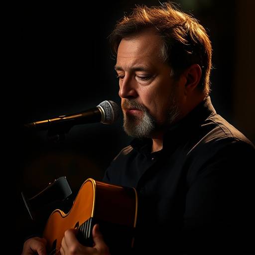 Ritratto artistico di un musicista con il suo strumento, con luci e ombre drammatiche.