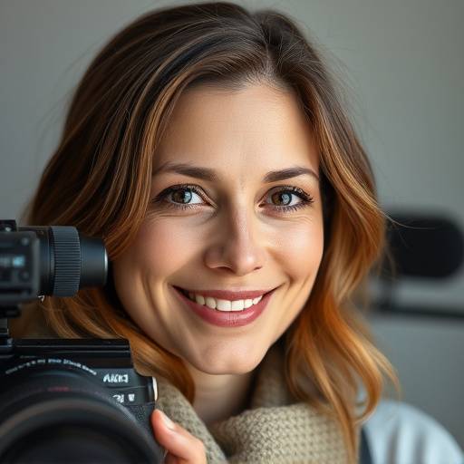 Ritratto di Elena Rossi, fotografa principale di LuminArte Studio, sorridente e con un obiettivo in mano.