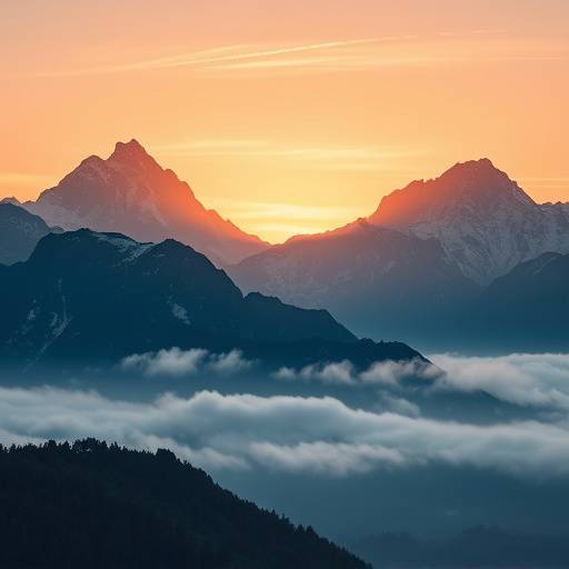 Un maestoso paesaggio montano all'alba, con la nebbia che si dissolve tra le cime.