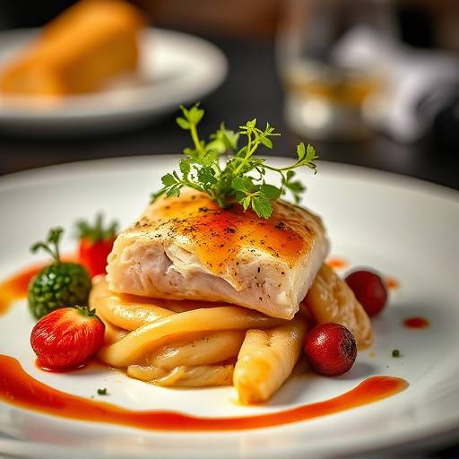 Un piatto gourmet splendidamente impiattato, pronto per essere gustato.