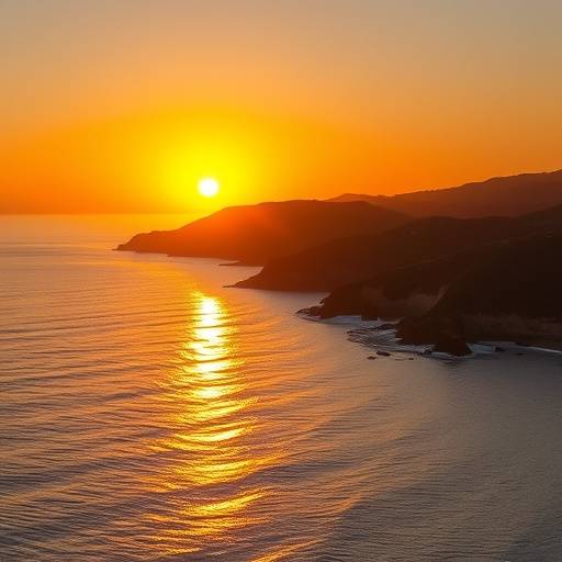 Una costa marina tranquilla al tramonto, con riflessi dorati sull'acqua.