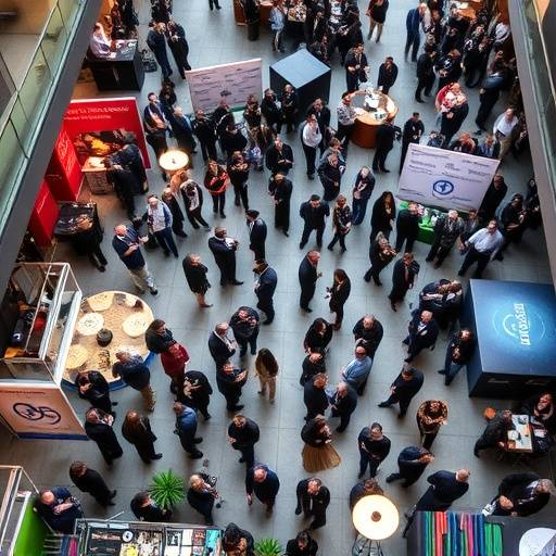 Vista dall'alto di un evento aziendale con persone che fanno networking.